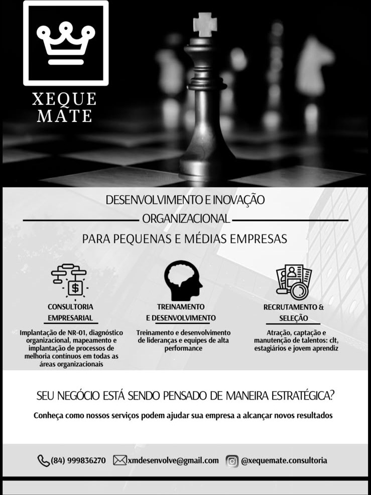 Folder da Xeque-mate: desenvolvimento e inovação organizacional para pequenas e médias empresas.
